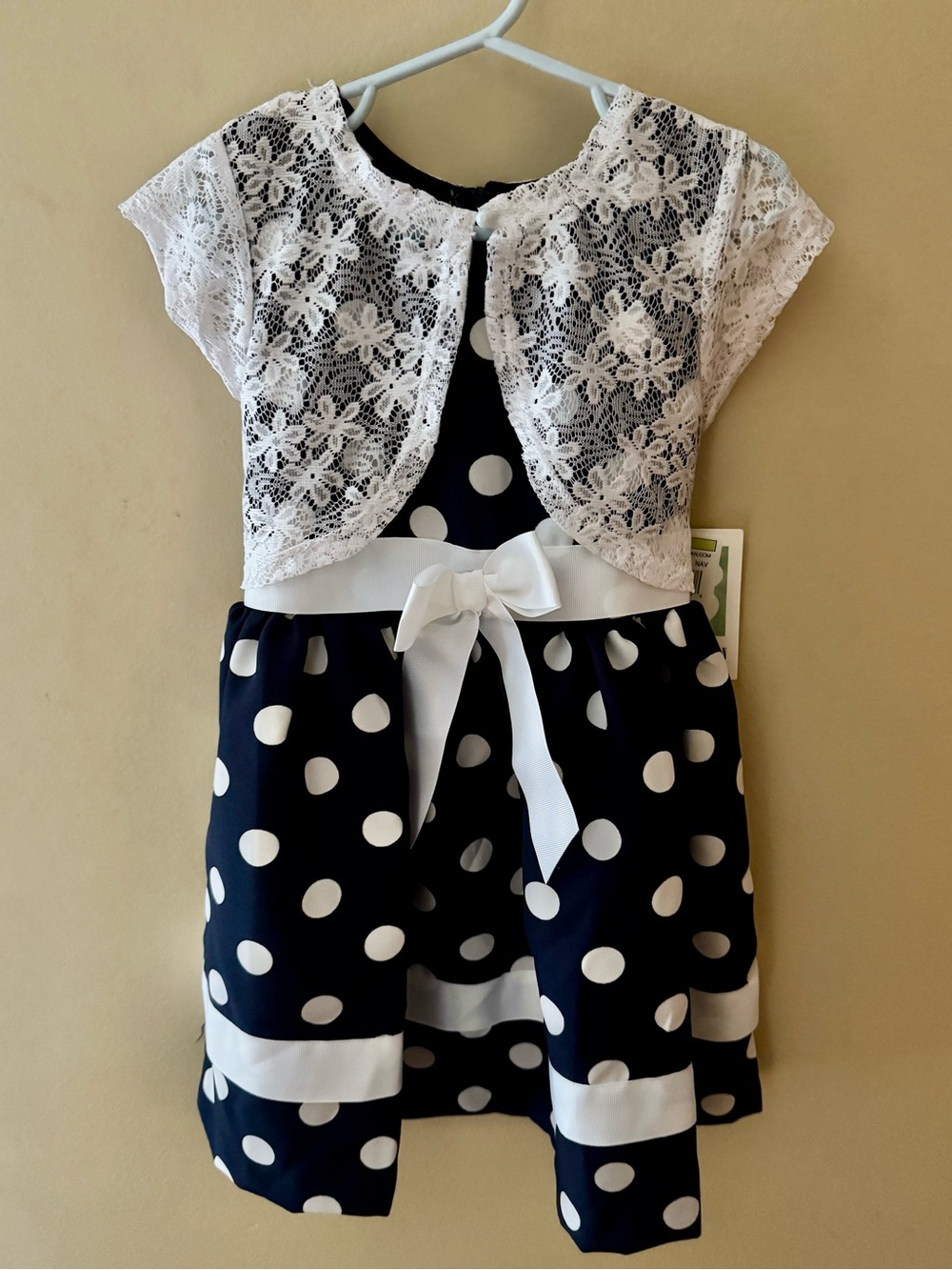 NWT Bonnie Jean Navy Blue Polka Dot Dress White Lace Shrug Set Size 4